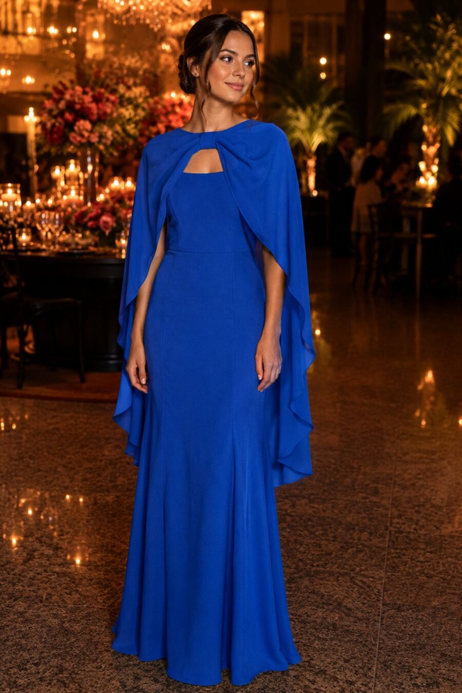 Vestido de festa na cor azul royal, modelo Mikonos com sobrecapa.