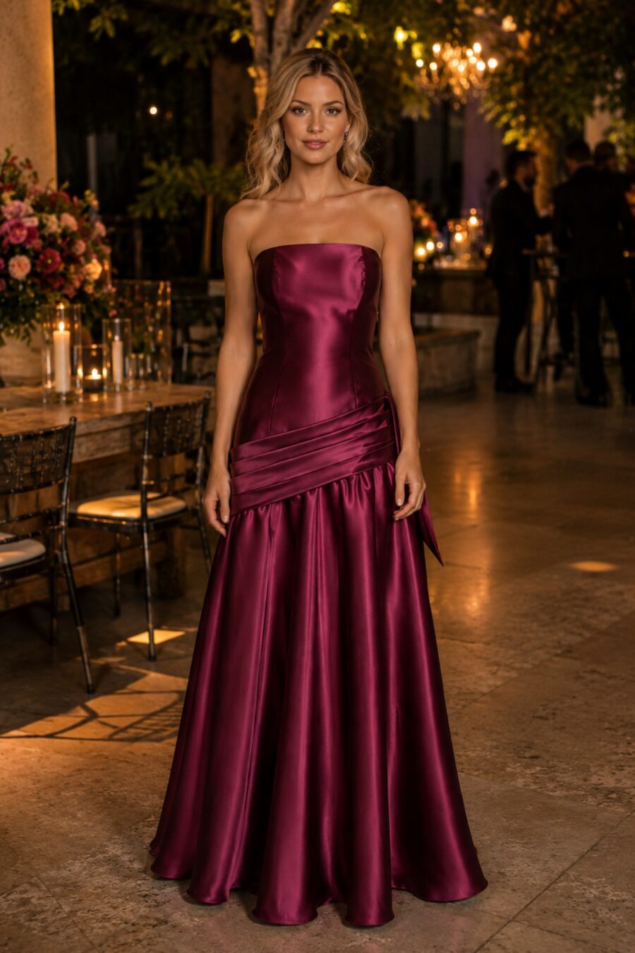 Vestido de festa longo, decote tomara que caia, modelo Shakira.