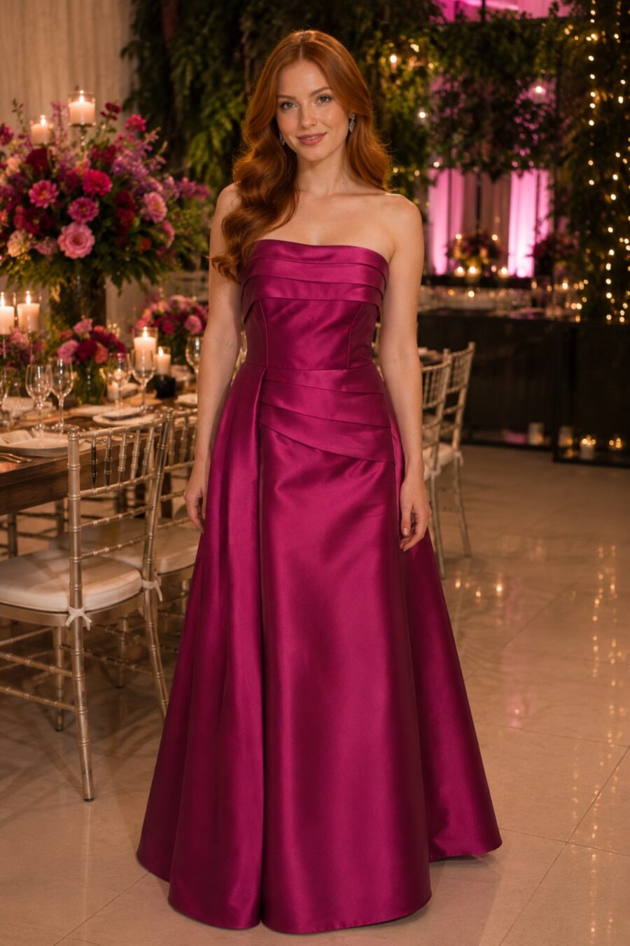 Vestido de festa longo, decote tomara que caia Rafa Brites cor fúcsia.